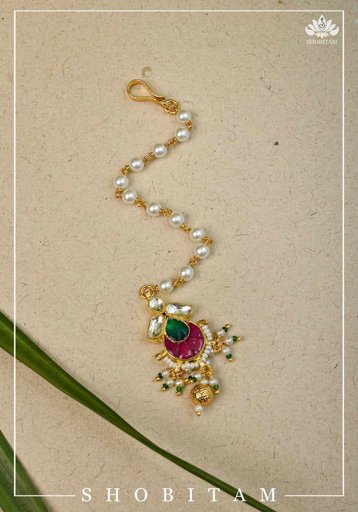 Pearl Bead chain Maang Tika - Small Size Ahmedabadi Kundan Jadau hair Ornament