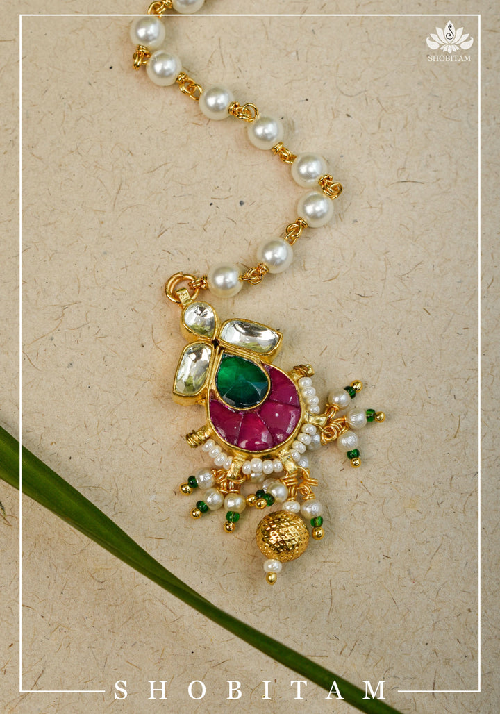 Pearl Bead chain Maang Tika - Small Size Ahmedabadi Kundan Jadau hair Ornament