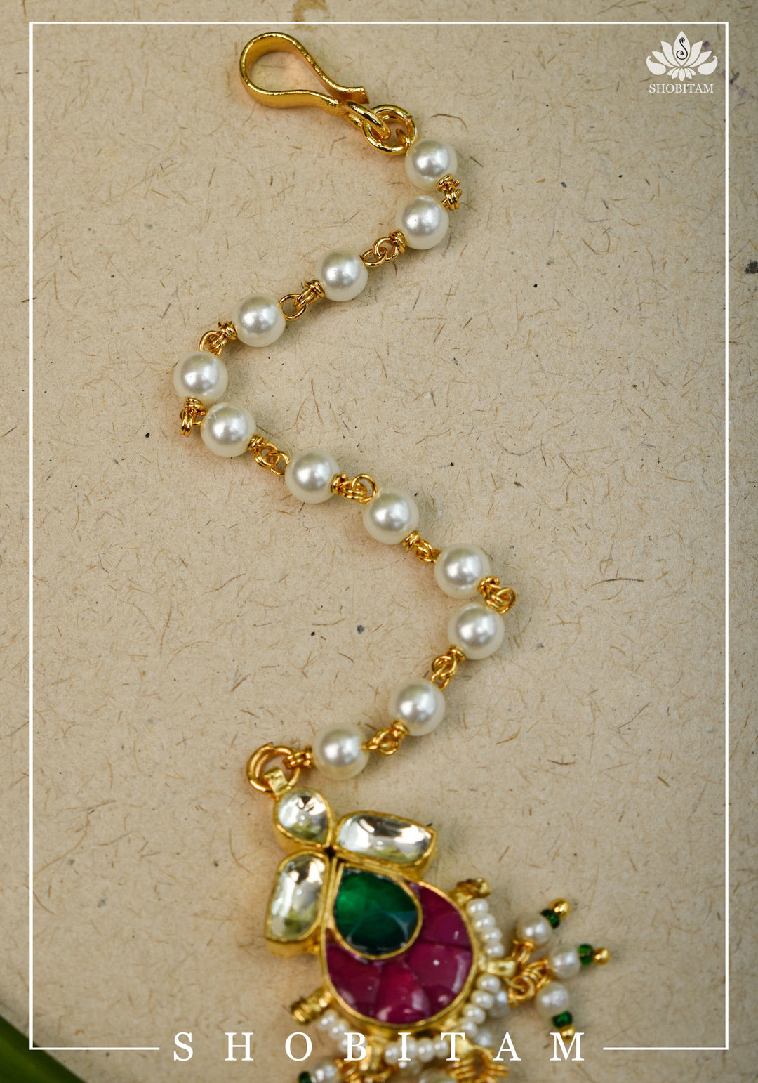 Pearl Bead chain Maang Tika - Small Size Ahmedabadi Kundan Jadau hair Ornament