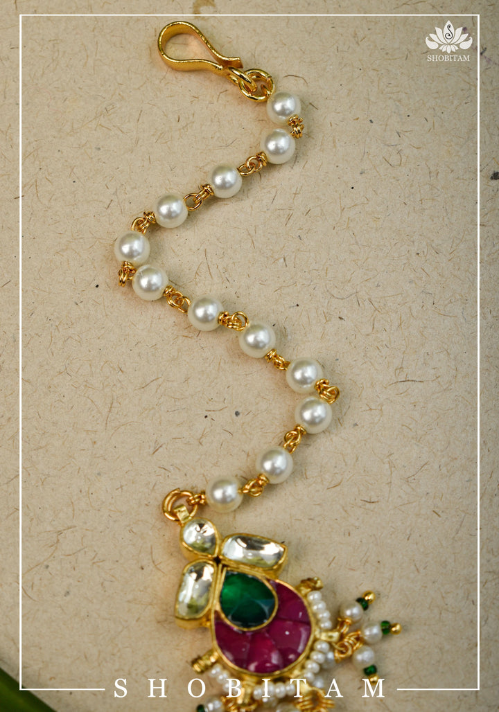 Pearl Bead chain Maang Tika - Small Size Ahmedabadi Kundan Jadau hair Ornament
