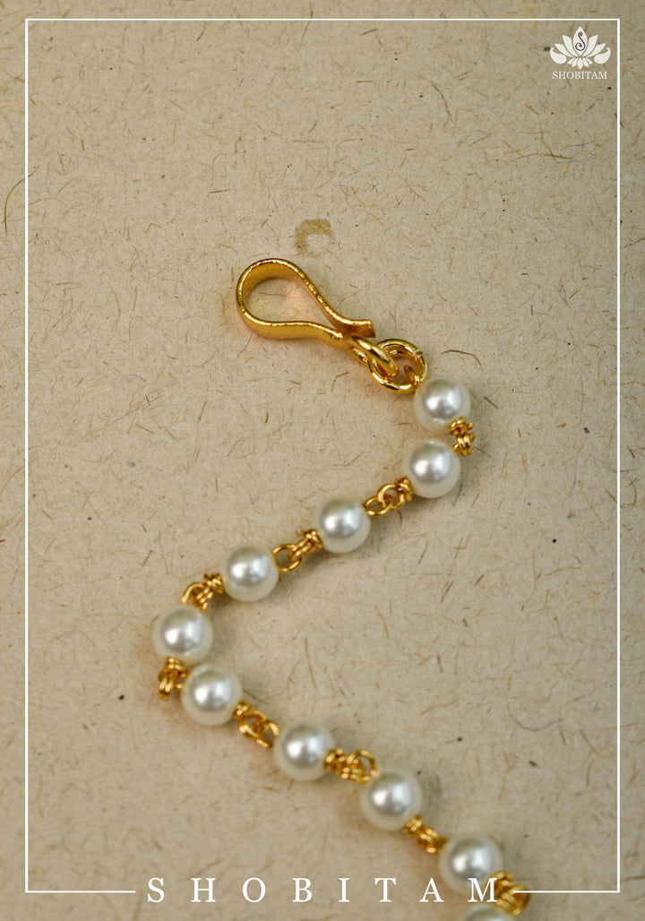 Pearl Bead chain Maang Tika - Small Size Ahmedabadi Kundan Jadau hair Ornament