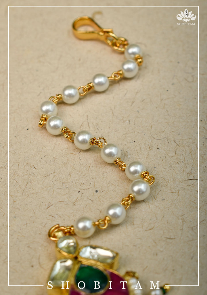 Pearl Bead chain Maang Tika - Small Size Ahmedabadi Kundan Jadau hair Ornament