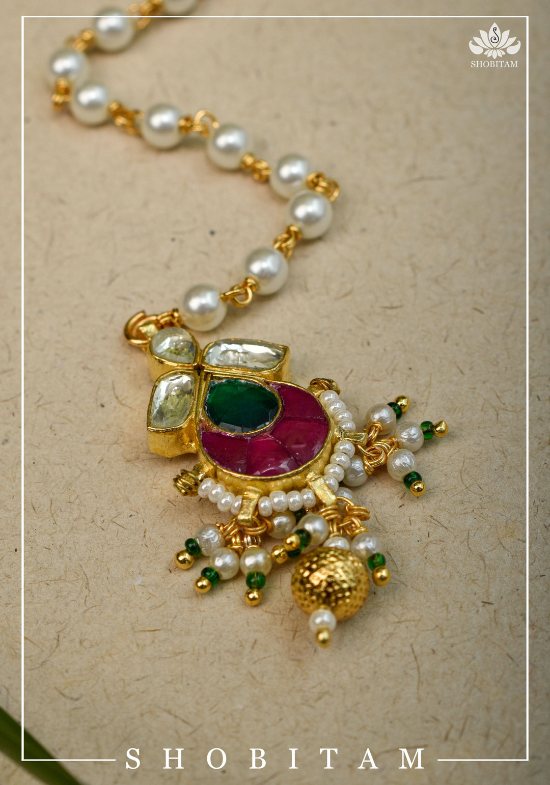 Pearl Bead chain Maang Tika - Small Size Ahmedabadi Kundan Jadau hair Ornament