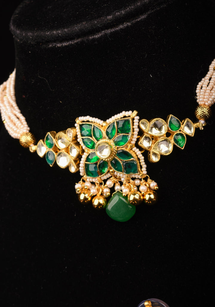 Ahmedabadi kundan multistrand Choker set with Green dangling  beads