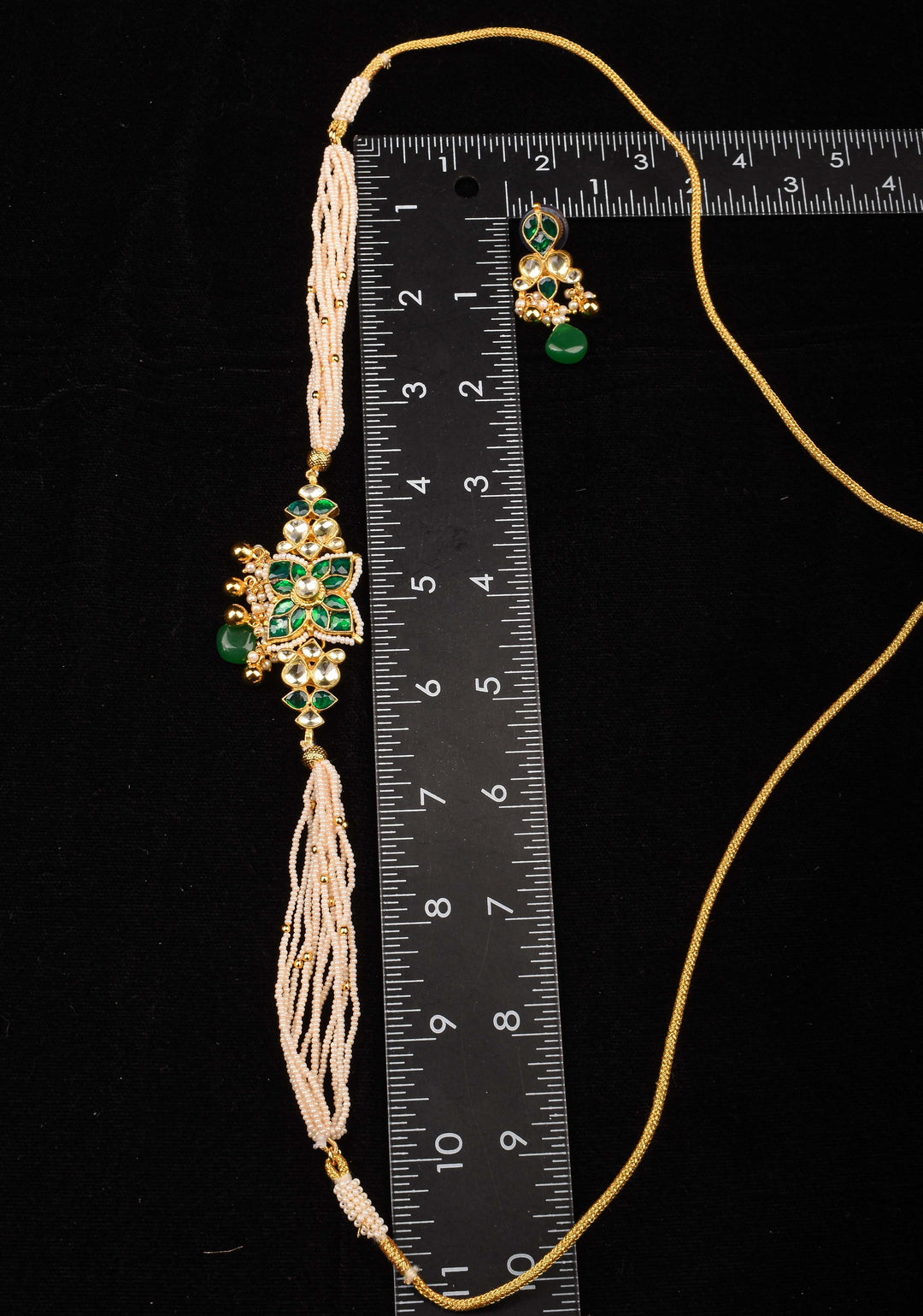 Ahmedabadi kundan multistrand Choker set with Green dangling  beads