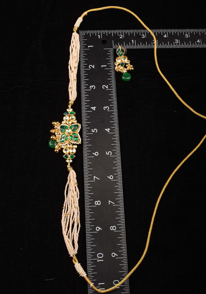 Ahmedabadi kundan multistrand Choker set with Green dangling  beads