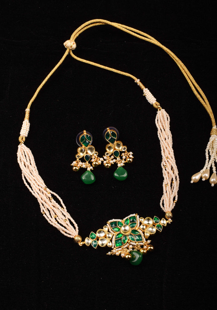 Ahmedabadi kundan multistrand Choker set with Green dangling  beads