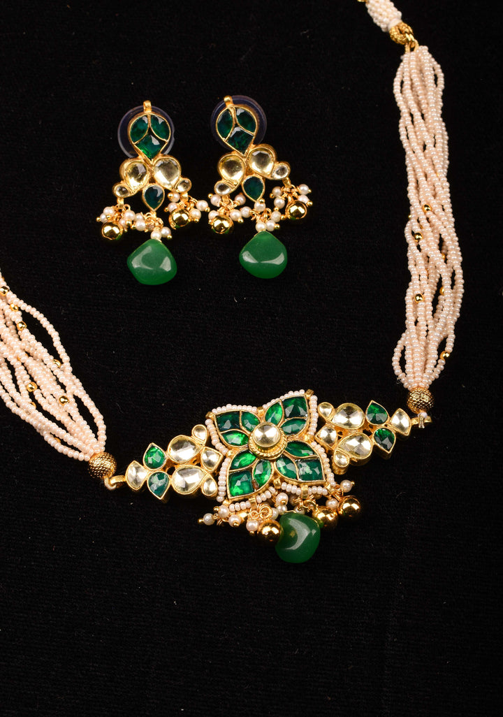 Ahmedabadi kundan multistrand Choker set with Green dangling  beads