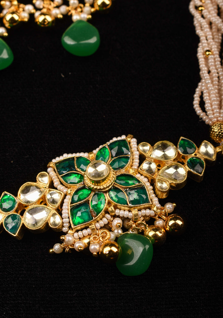 Ahmedabadi kundan multistrand Choker set with Green dangling  beads