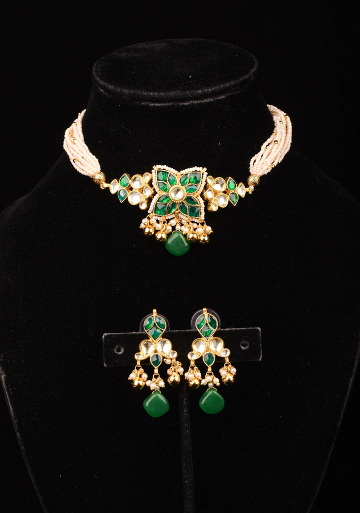 Ahmedabadi kundan multistrand Choker set with Green dangling  beads