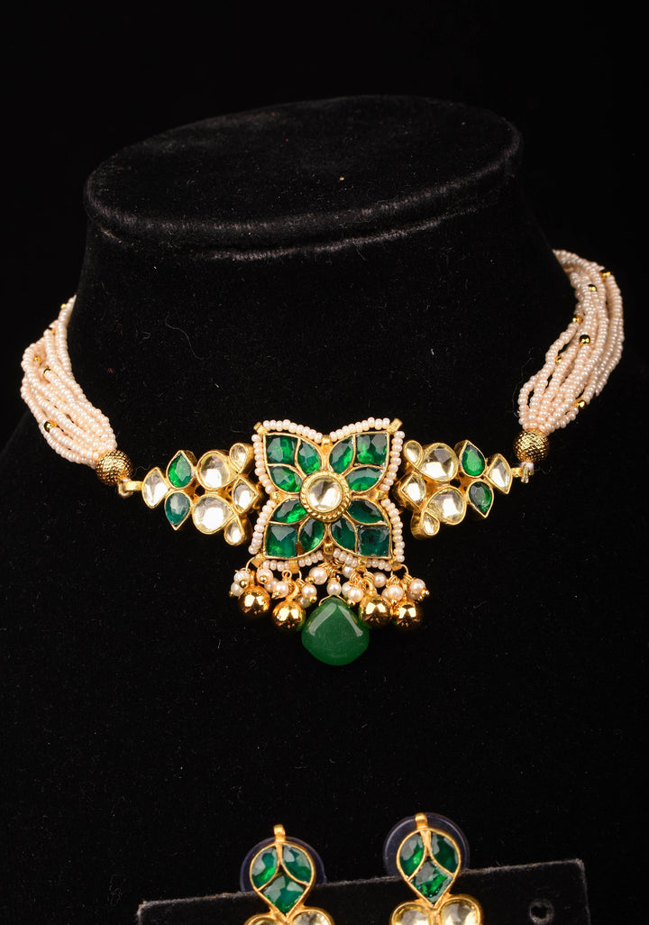 Ahmedabadi kundan multistrand Choker set with Green dangling  beads