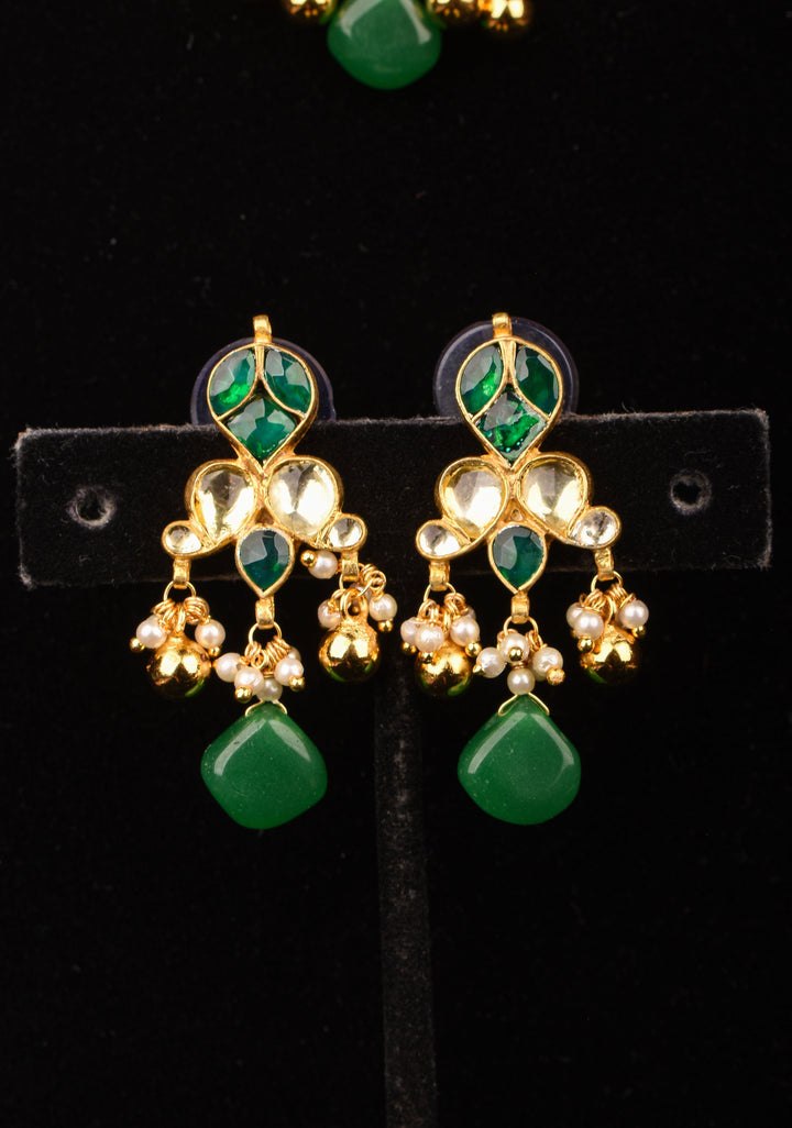 Ahmedabadi kundan multistrand Choker set with Green dangling  beads