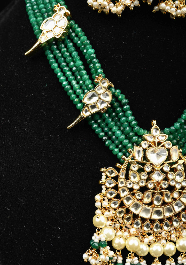Gold-Plated Parrot Motif Necklace Set with Green Beads and Pearl Dangling Accents
