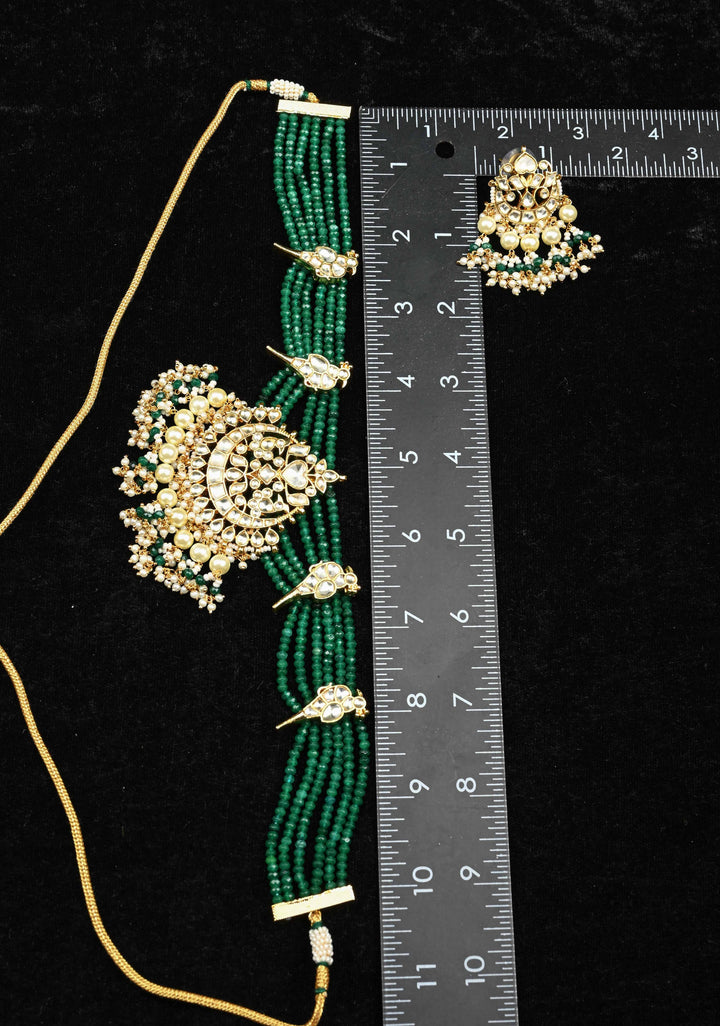 Gold-Plated Parrot Motif Necklace Set with Green Beads and Pearl Dangling Accents