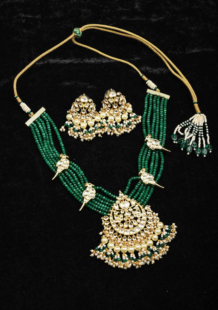 Gold-Plated Parrot Motif Necklace Set with Green Beads and Pearl Dangling Accents