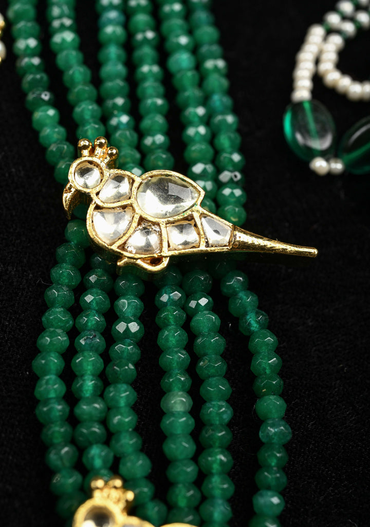 Gold-Plated Parrot Motif Necklace Set with Green Beads and Pearl Dangling Accents