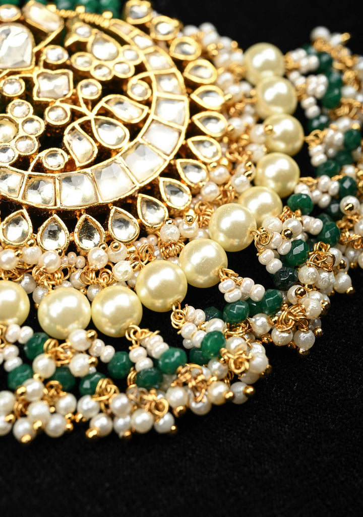 Gold-Plated Parrot Motif Necklace Set with Green Beads and Pearl Dangling Accents