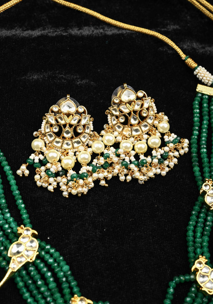 Gold-Plated Parrot Motif Necklace Set with Green Beads and Pearl Dangling Accents