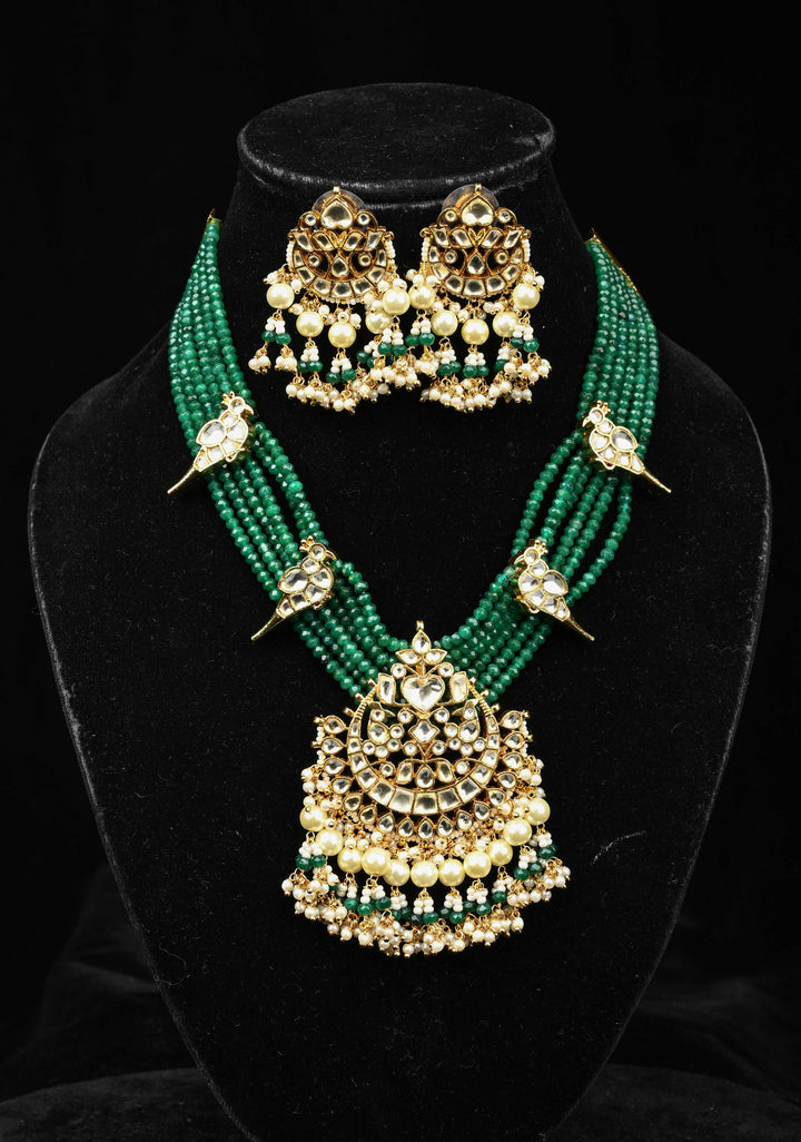Gold-Plated Parrot Motif Necklace Set with Green Beads and Pearl Dangling Accents