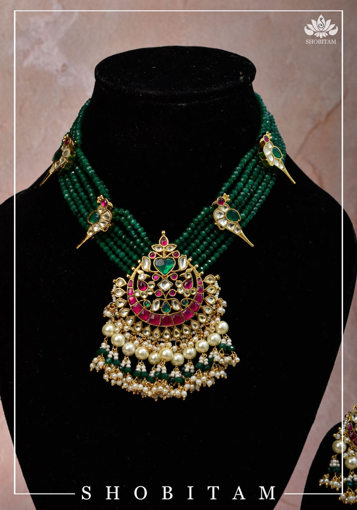 Ahmedabadi Green Stone  Multistrand necklace set with peacock units  | Shobitam Jewelry