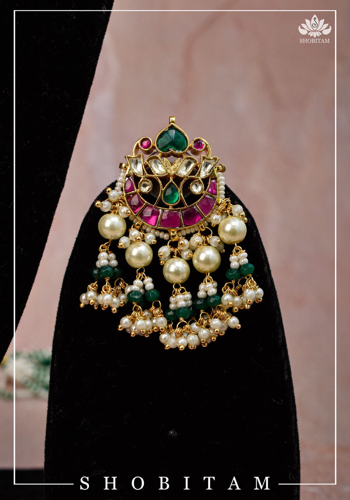 Ahmedabadi Green Stone  Multistrand necklace set with peacock units  | Shobitam Jewelry