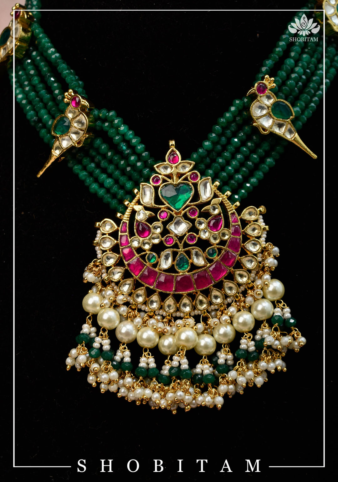Ahmedabadi Green Stone  Multistrand necklace set with peacock units  | Shobitam Jewelry