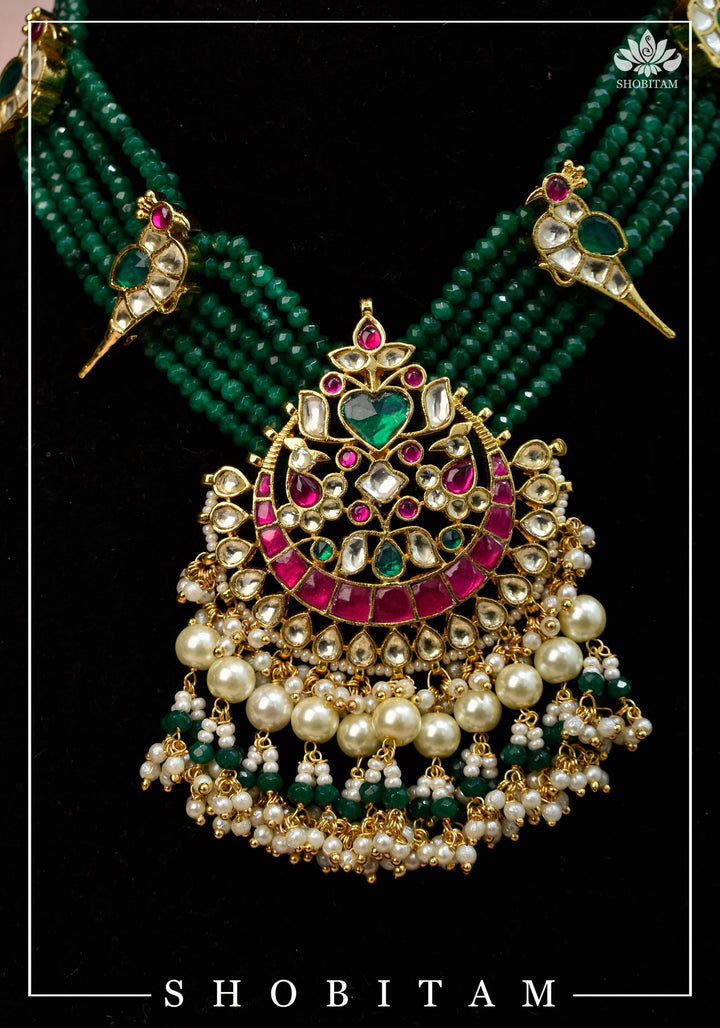 Ahmedabadi Green Stone  Multistrand necklace set with peacock units  | Shobitam Jewelry