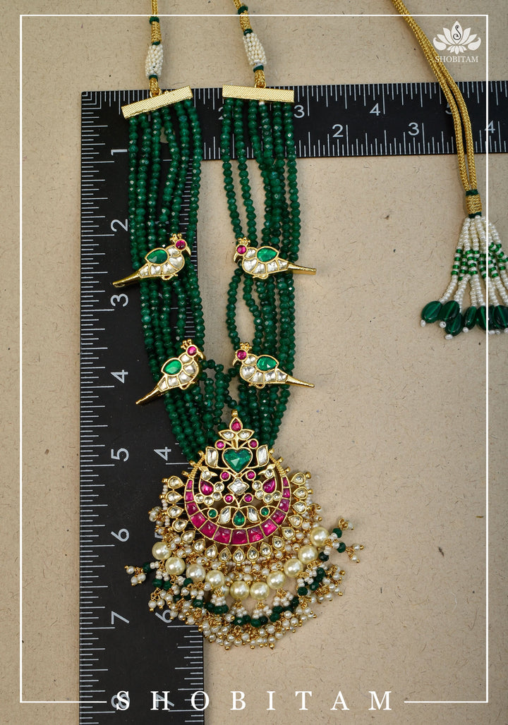 Ahmedabadi Green Stone  Multistrand necklace set with peacock units  | Shobitam Jewelry