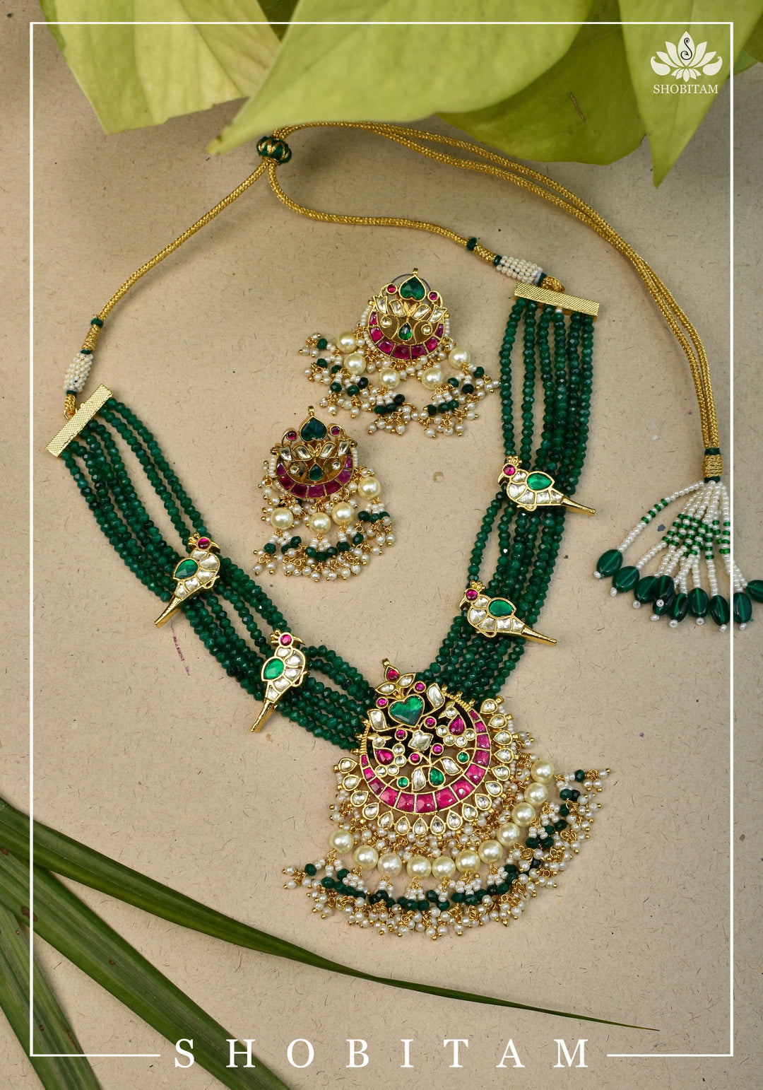 Ahmedabadi Green Stone  Multistrand necklace set with peacock units  | Shobitam Jewelry