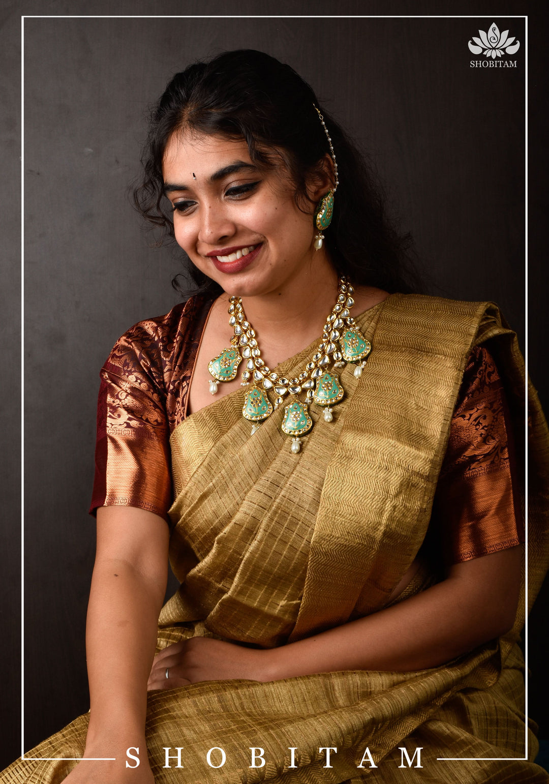 Statement Kundan and Lacquer Jewelry Set in Sage and Gold | Shobitam Jewelry