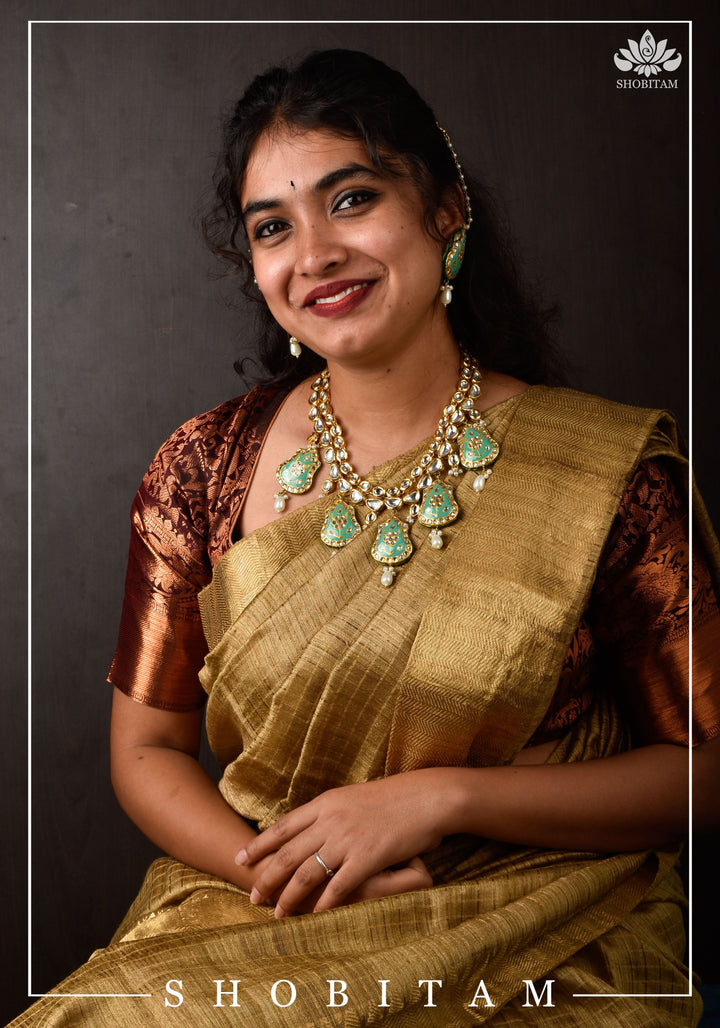 Statement Kundan and Lacquer Jewelry Set in Sage and Gold | Shobitam Jewelry