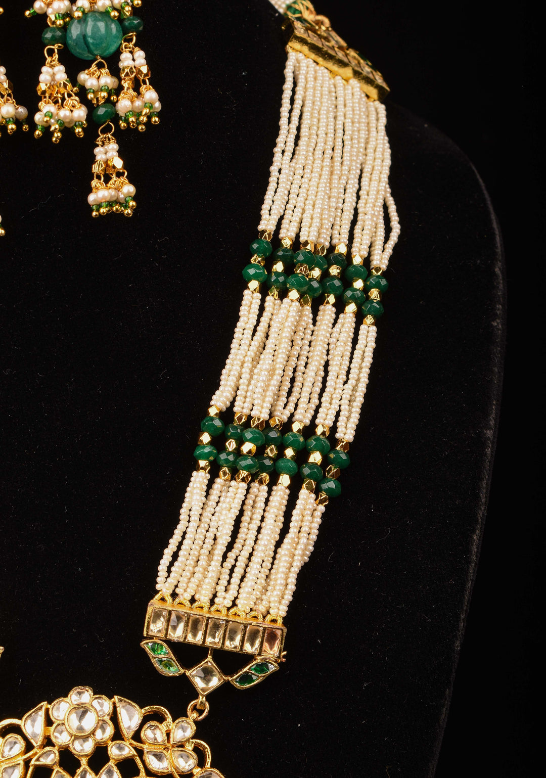 Green Carved stone Pendant on Multistrand necklace and Matching Earrings | Shobitam Jewelry