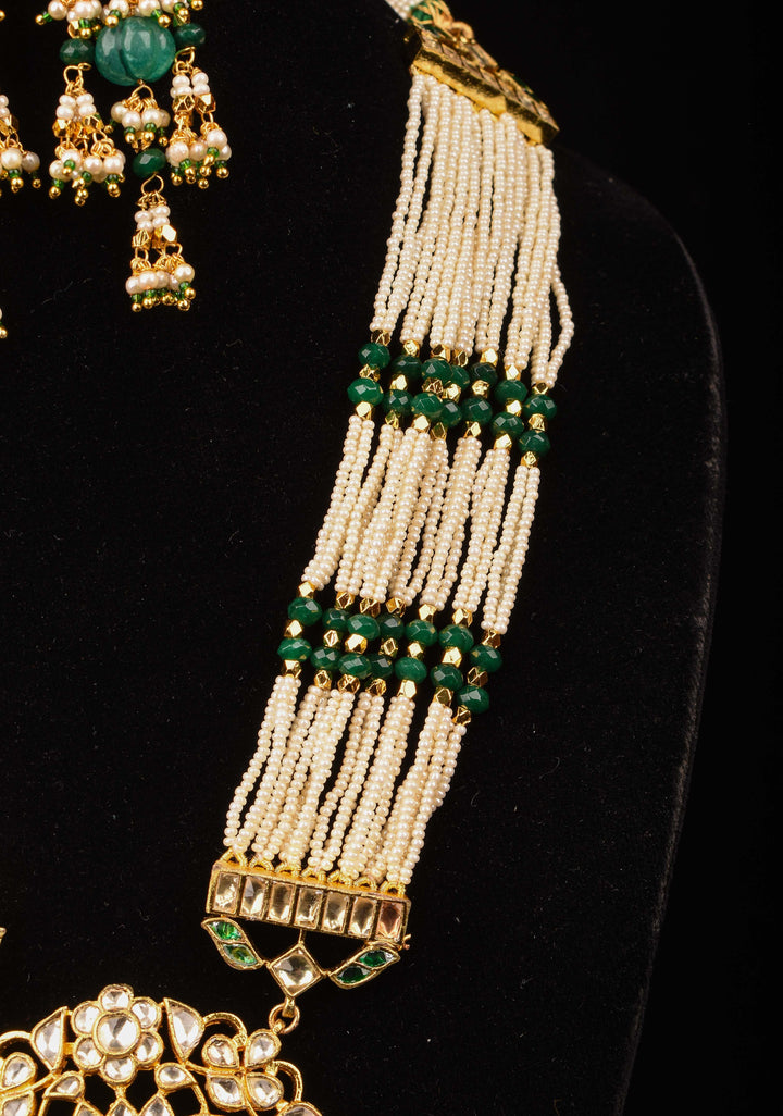 Green Carved stone Pendant on Multistrand necklace and Matching Earrings | Shobitam Jewelry