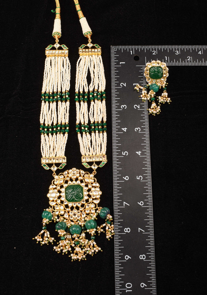 Green Carved stone Pendant on Multistrand necklace and Matching Earrings | Shobitam Jewelry