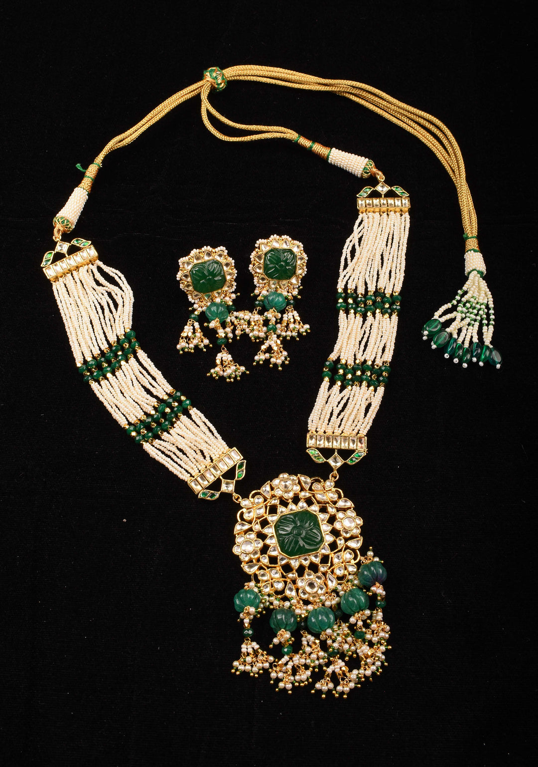 Green Carved stone Pendant on Multistrand necklace and Matching Earrings | Shobitam Jewelry