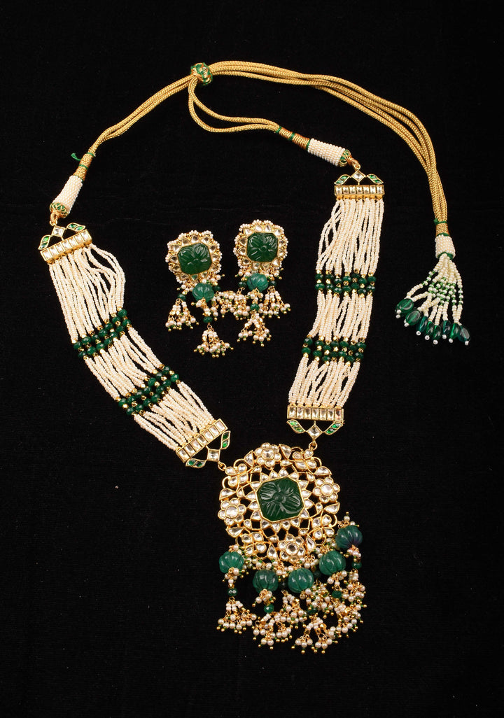 Green Carved stone Pendant on Multistrand necklace and Matching Earrings | Shobitam Jewelry