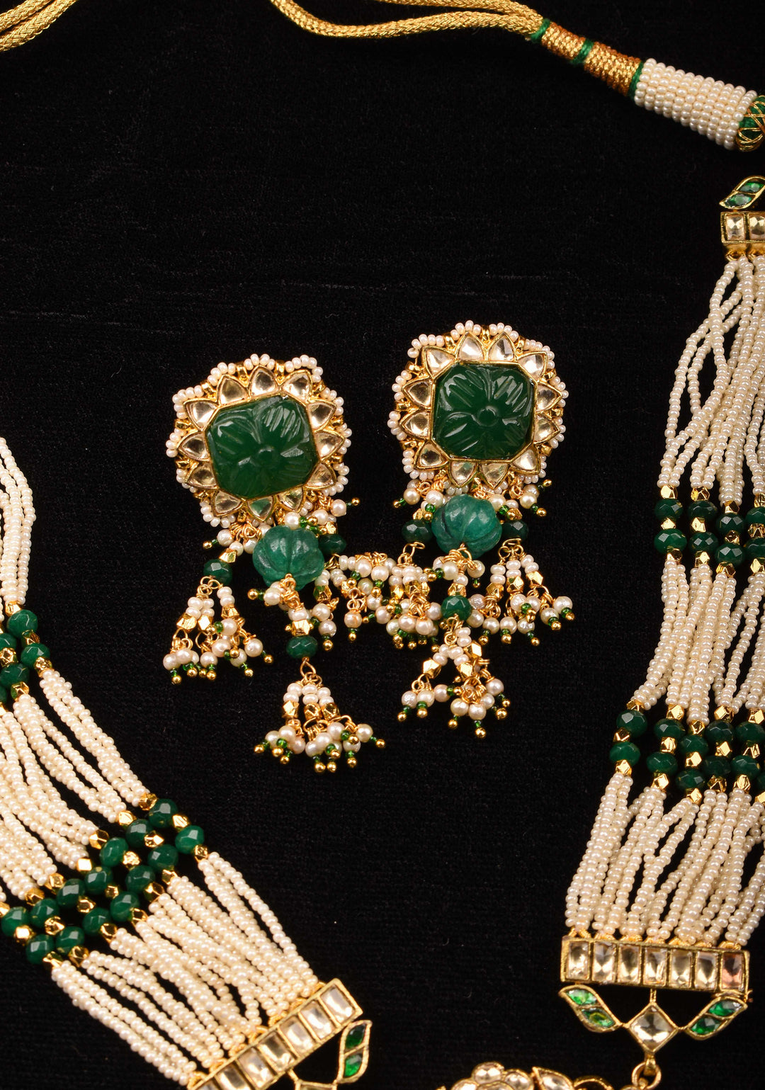 Green Carved stone Pendant on Multistrand necklace and Matching Earrings | Shobitam Jewelry