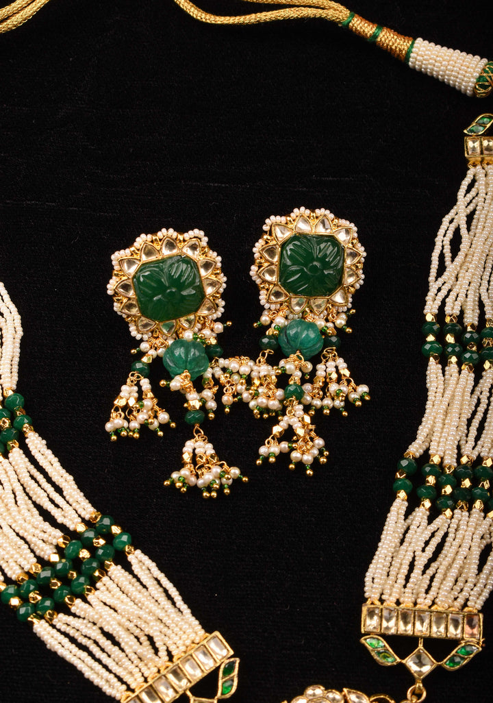Green Carved stone Pendant on Multistrand necklace and Matching Earrings | Shobitam Jewelry