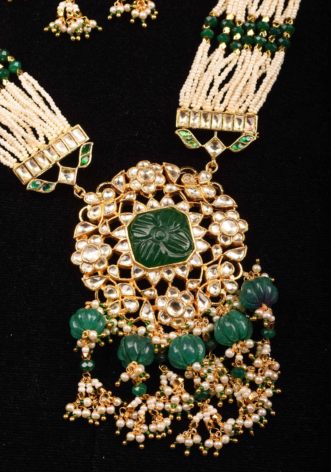 Green Carved stone Pendant on Multistrand necklace and Matching Earrings | Shobitam Jewelry