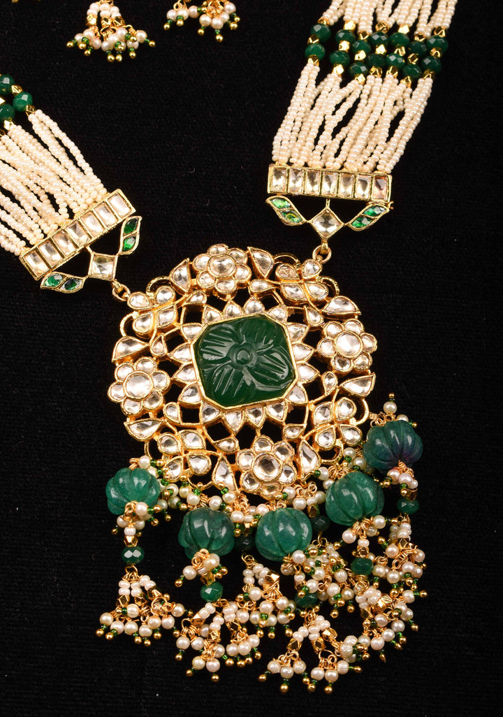 Green Carved stone Pendant on Multistrand necklace and Matching Earrings | Shobitam Jewelry