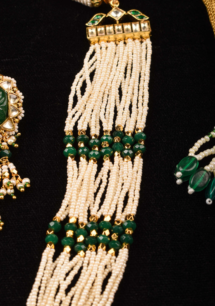 Green Carved stone Pendant on Multistrand necklace and Matching Earrings | Shobitam Jewelry