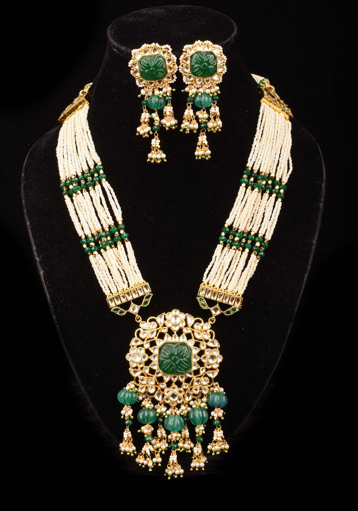 Green Carved stone Pendant on Multistrand necklace and Matching Earrings | Shobitam Jewelry