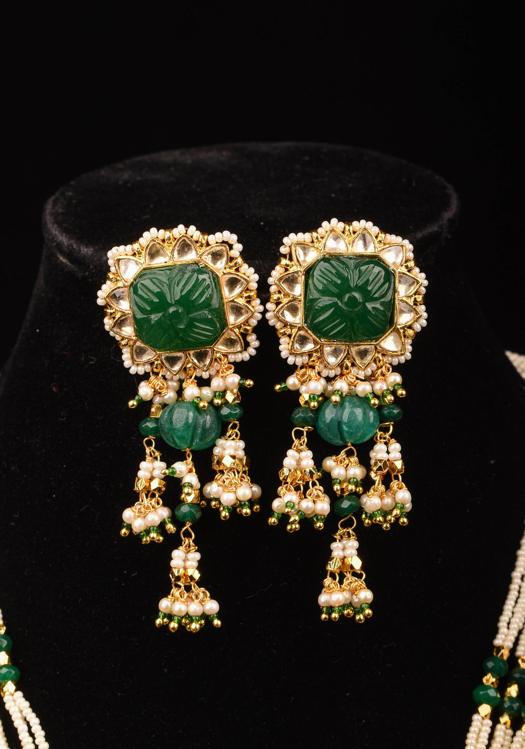 Green Carved stone Pendant on Multistrand necklace and Matching Earrings | Shobitam Jewelry