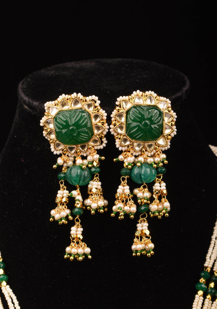 Green Carved stone Pendant on Multistrand necklace and Matching Earrings | Shobitam Jewelry