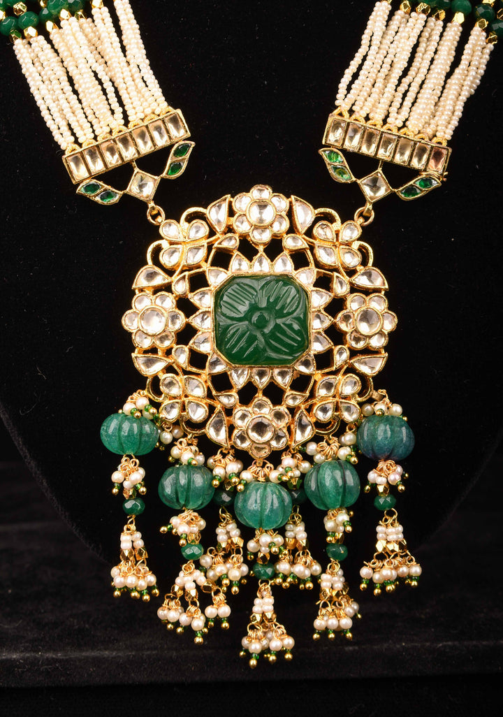 Green Carved stone Pendant on Multistrand necklace and Matching Earrings | Shobitam Jewelry
