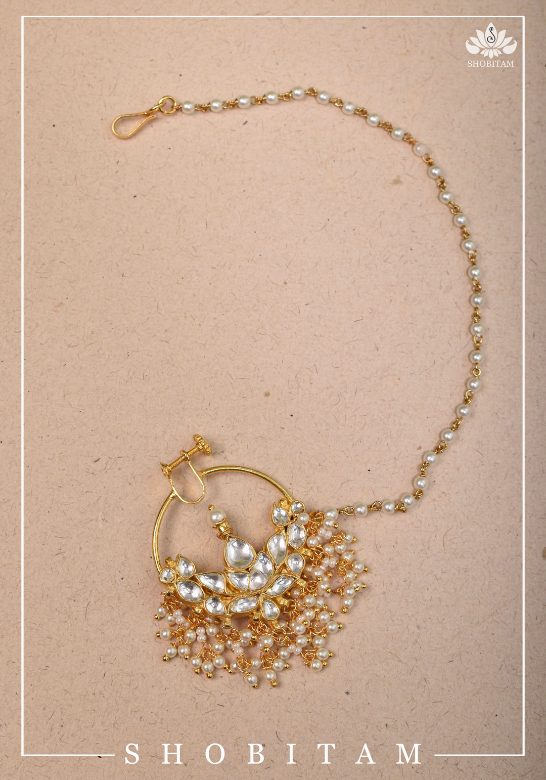 Celestial Kundan nath with non piece clasp, chain and hook