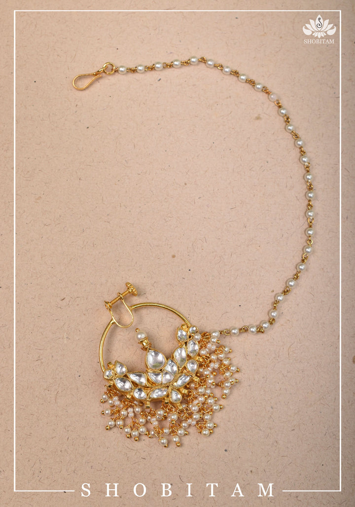 Celestial Kundan nath with non piece clasp, chain and hook