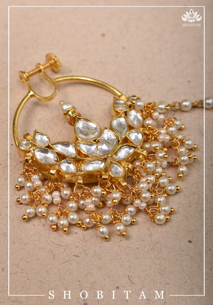Celestial Kundan nath with non piece clasp, chain and hook