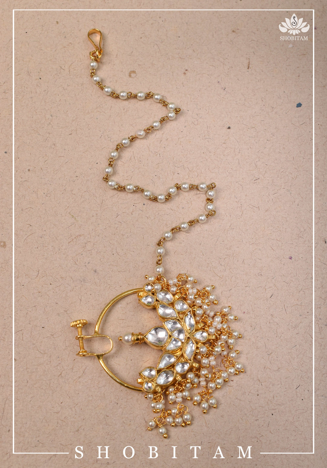 Celestial Kundan nath with non piece clasp, chain and hook