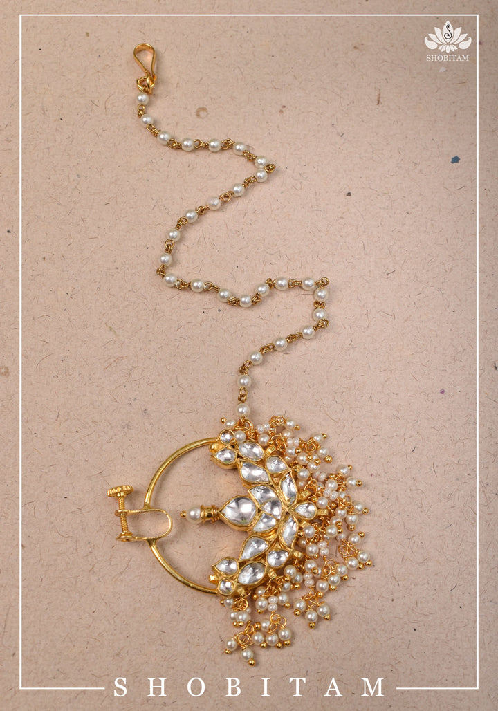 Celestial Kundan nath with non piece clasp, chain and hook